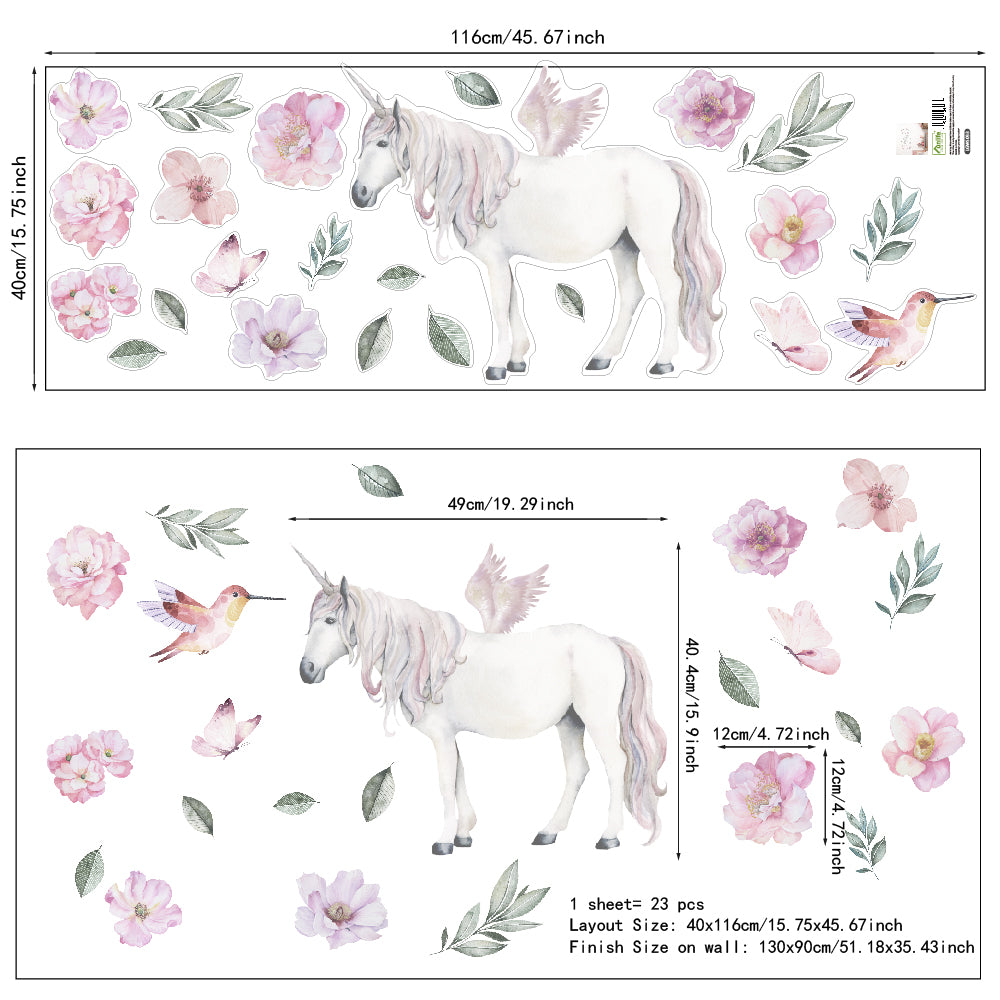 Peel and Stick Large PVC Unicorn Among Flowers Sticker