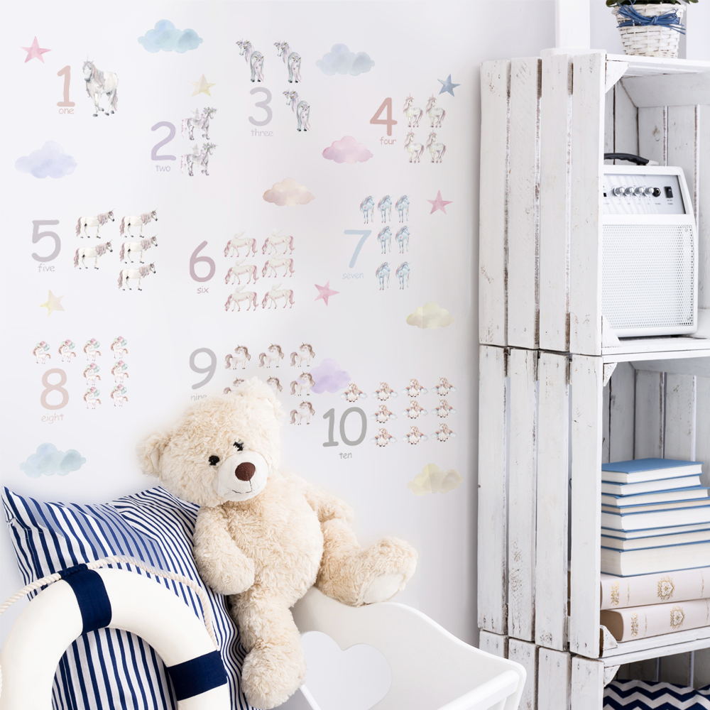 Peel and Stick PVC Unicorn Number Early Learning Wall Stickers