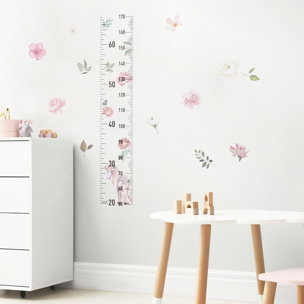 Peel and Stick PVC Unicorn Growth Chart Flowers Wall Stickers