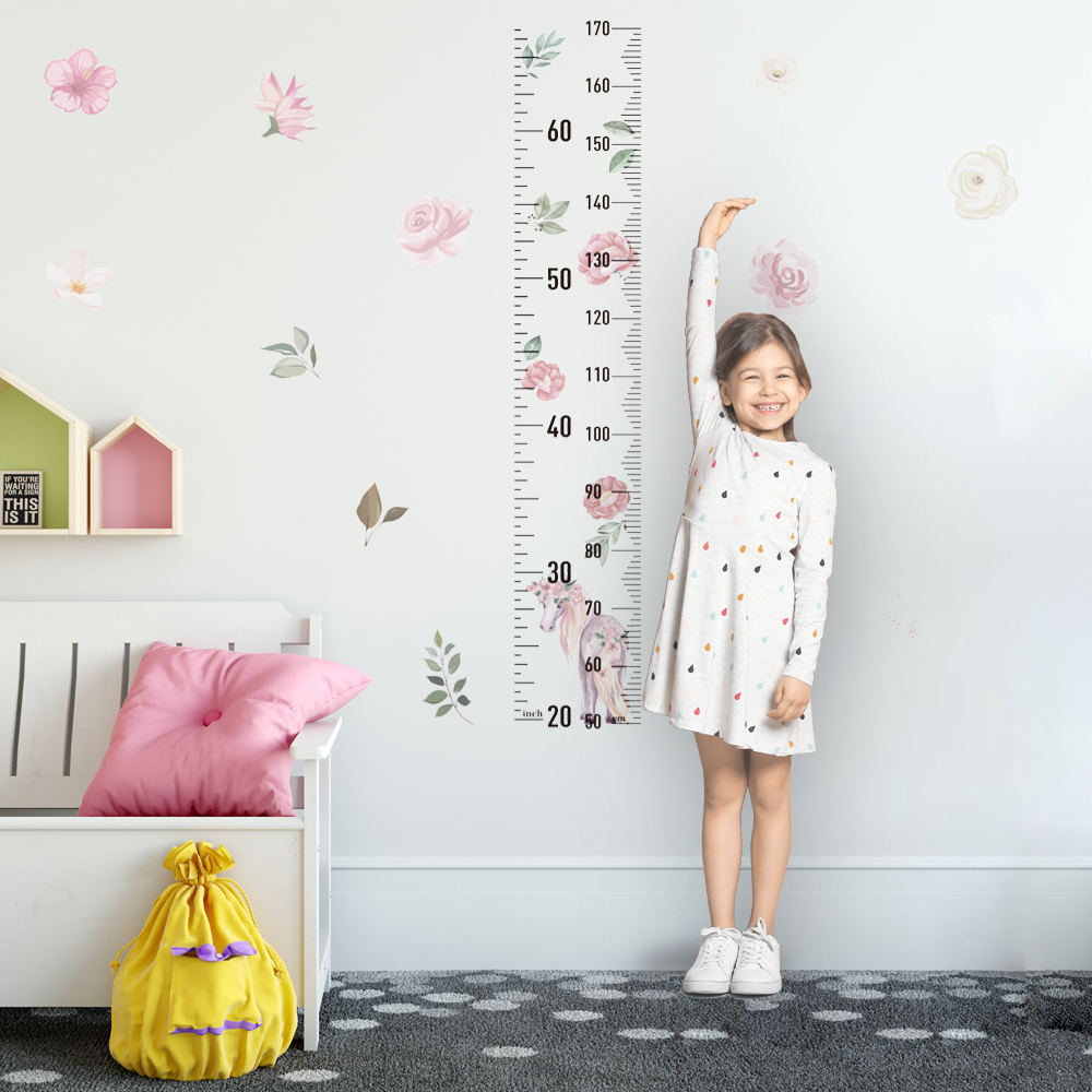 Peel and Stick PVC Unicorn Growth Chart Flowers Wall Stickers