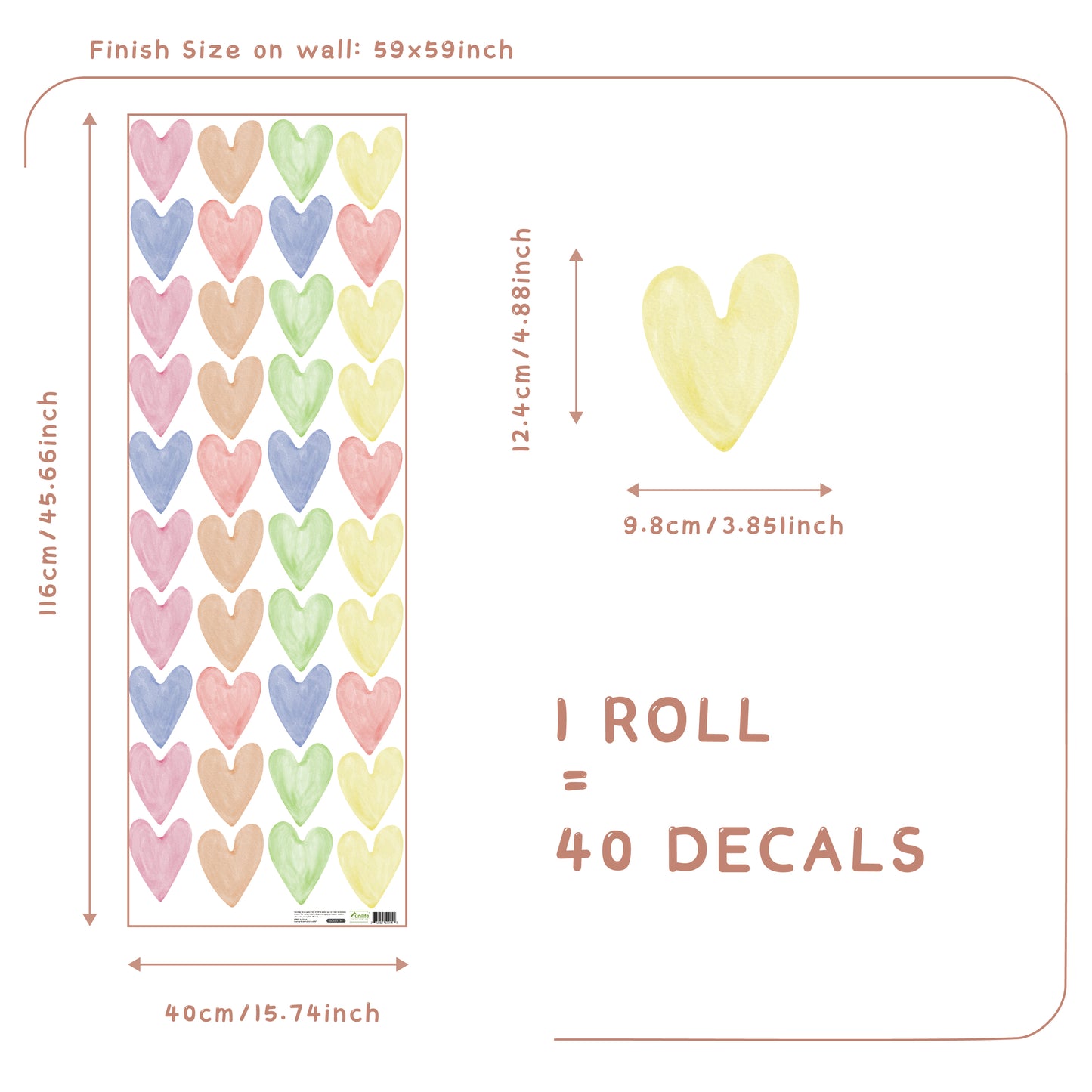 Peel and Stick PVC Large Boho Watercolor Heart Shape Wall Stickers