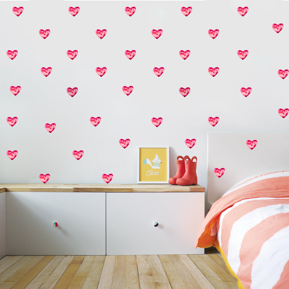 Peel and Stick PVC Small Geometric Pink Watercolor Heart Shape Wall Decals