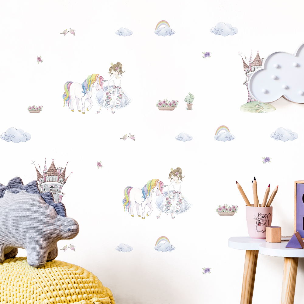 Peel and Stick PVC Small Girl with Unicorn Wall Stickers