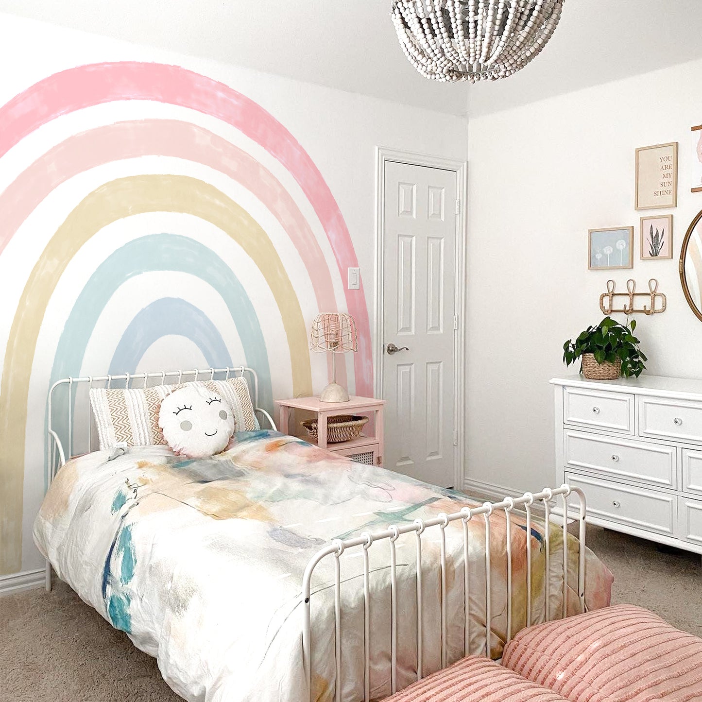 Peel and Stick Large Fabric Rainbow Sticker Boho Watercolor Rainbow Wall Mural