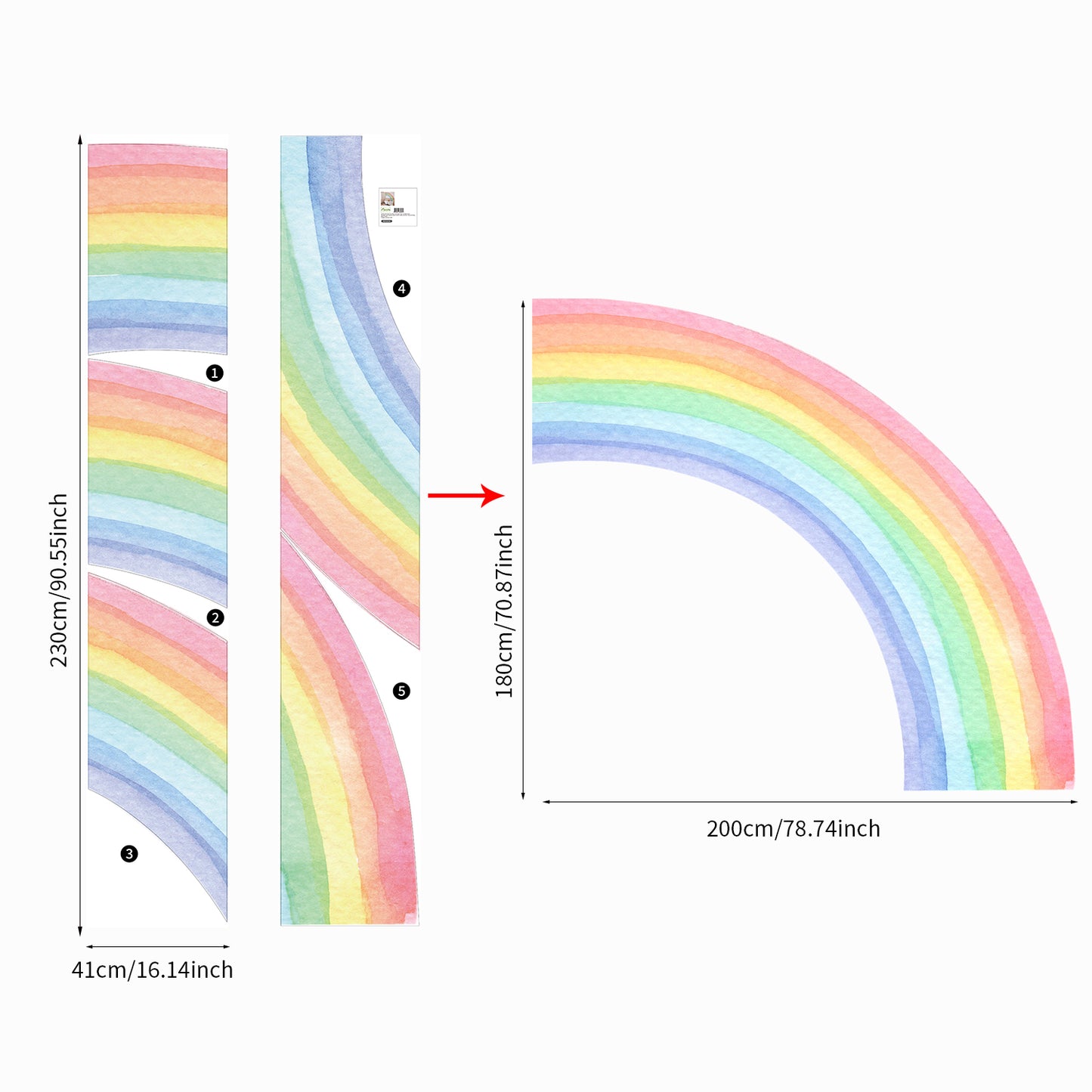 Peel and Stick Large Fabric Rainbow Sticker Boho Half Rainbow Wall Mural