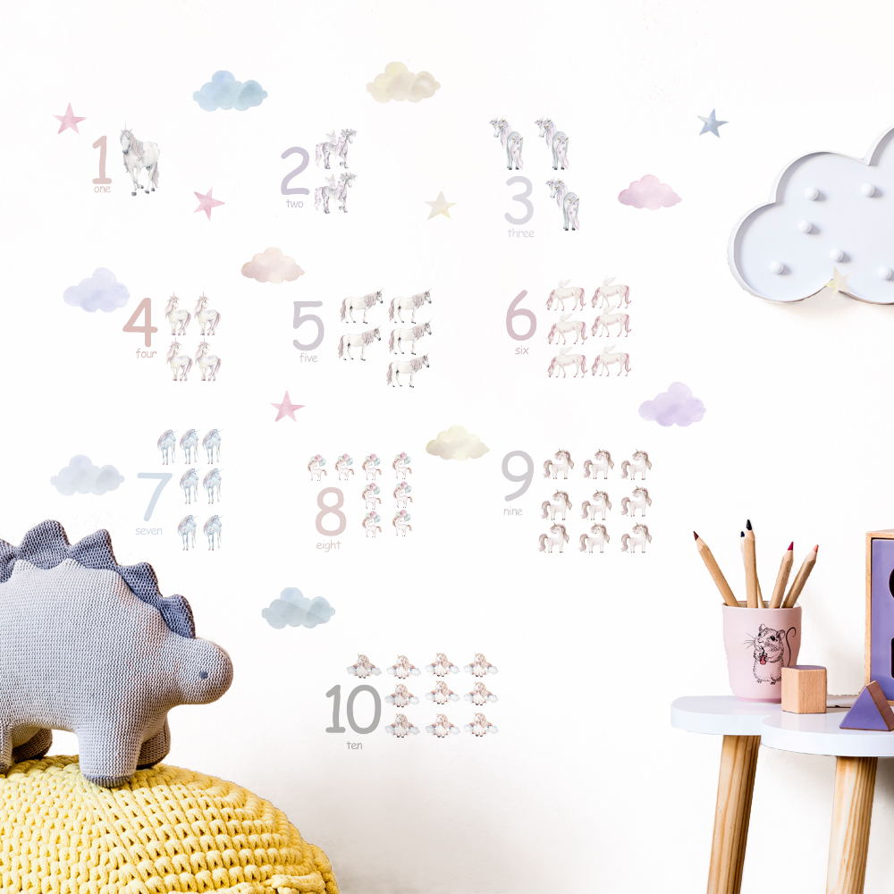 Peel and Stick PVC Unicorn Number Early Learning Wall Stickers