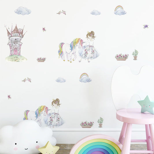 Peel and Stick PVC Small Girl with Unicorn Wall Stickers
